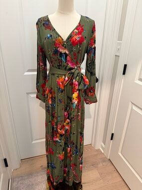JODIFL Olive Floral Wrap Maxi Dress with Multicolor Blooms